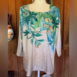 Alfred Dunner Tropical Print Top Cream 3/4 Sleeve Size L Lace Insert Bling